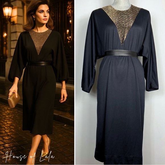 Vintage Dresses & Skirts - Vintage 80s 90s Black Cocktail Dress Gold Detail. Formal Gown